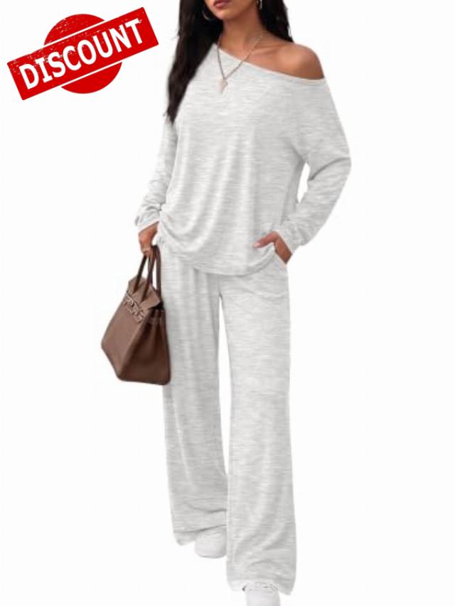 Trendy Queen 2 Piece Lounge Sets for Women 2026 Fall Outfits Sweat Sets                                                          Off The Shoulder Oversized Tshirts & Wide Leg Pants with Pockets
