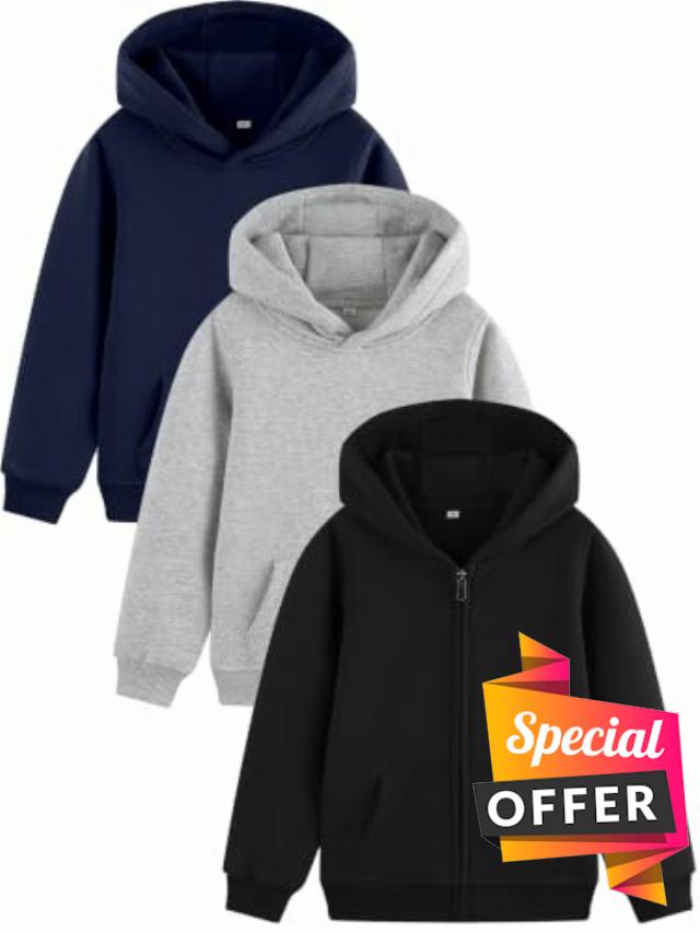 Boys Hoodies 3 Pack Cotton Fleece Pullover & Zip Up Hoodie for Kids                                                          Soft Boys Sweatshirt Clothes Clothing Outfit for Fall Winter Spring