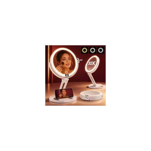 1X/30X Double-Sided Magnifying Mirror Velmelle Foldable Lighted Makeup Mirror with 2000mAh Battery