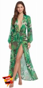 Women Green Leopard Tropical Print Dress Sexy Sheer Deep V Neck Long Sleeve Backless High Slit Maxi Dress