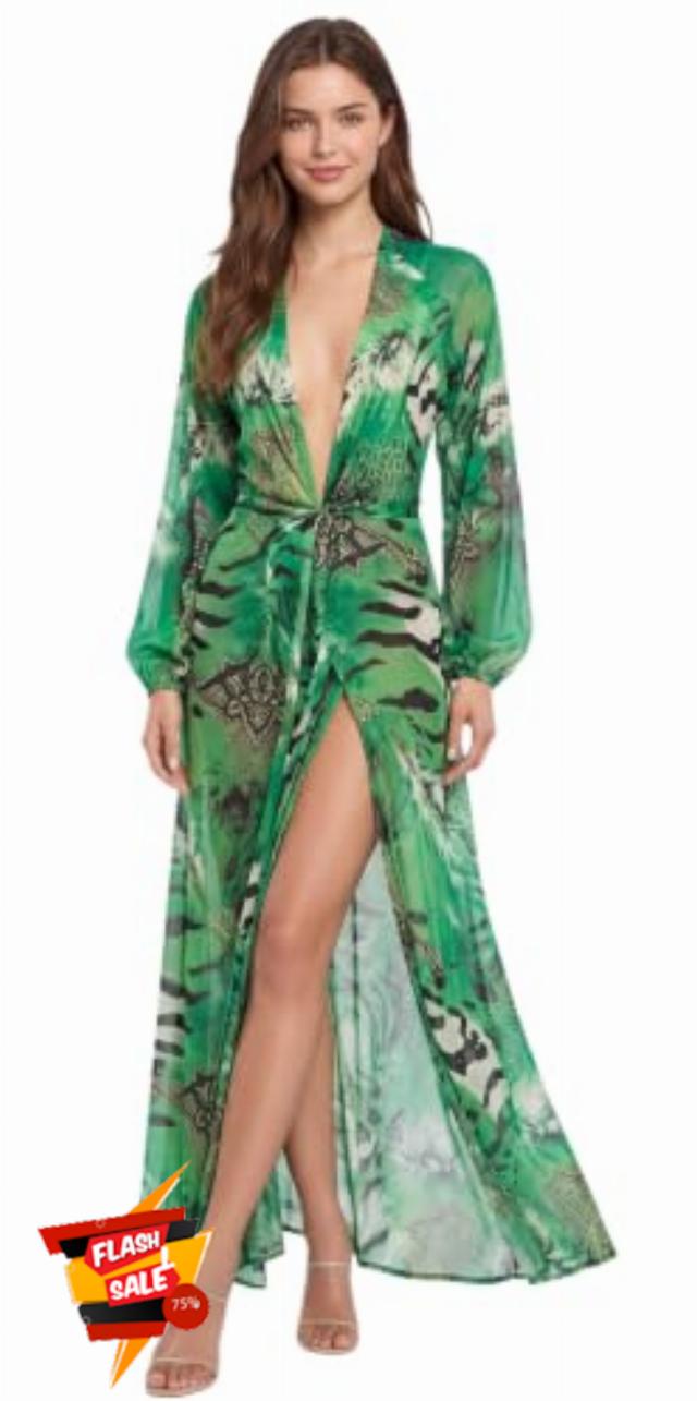 Women Green Leopard Tropical Print Dress Sexy Sheer Deep V Neck Long Sleeve Backless High Slit Maxi Dress