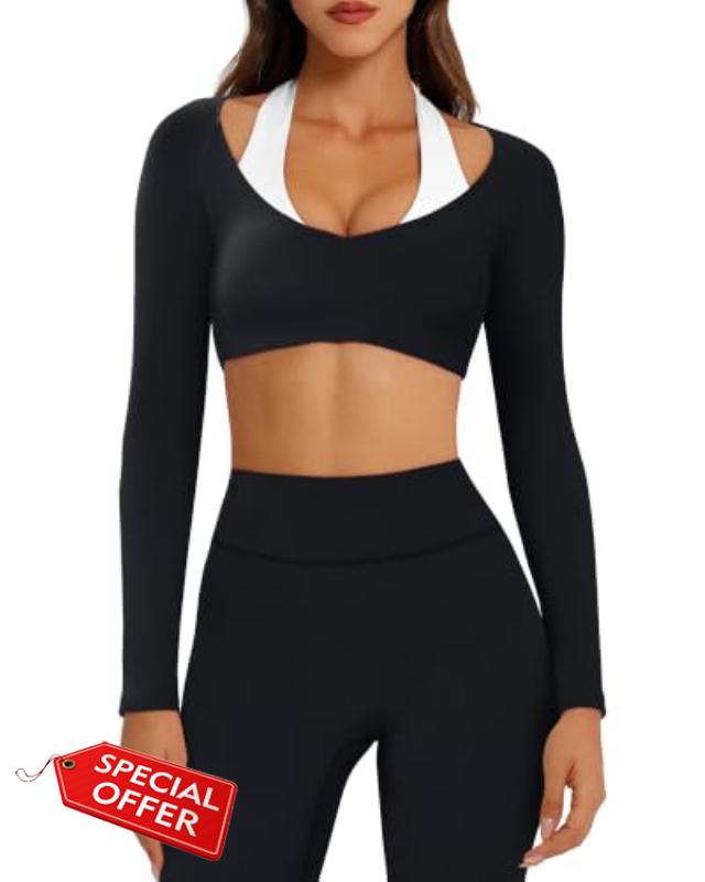 OMKAGI Layered Workout Sets for Women Cute Long Sleeve Crop Top Gym Outfits                                                          Padded Sports Bra Matching Gym Sets