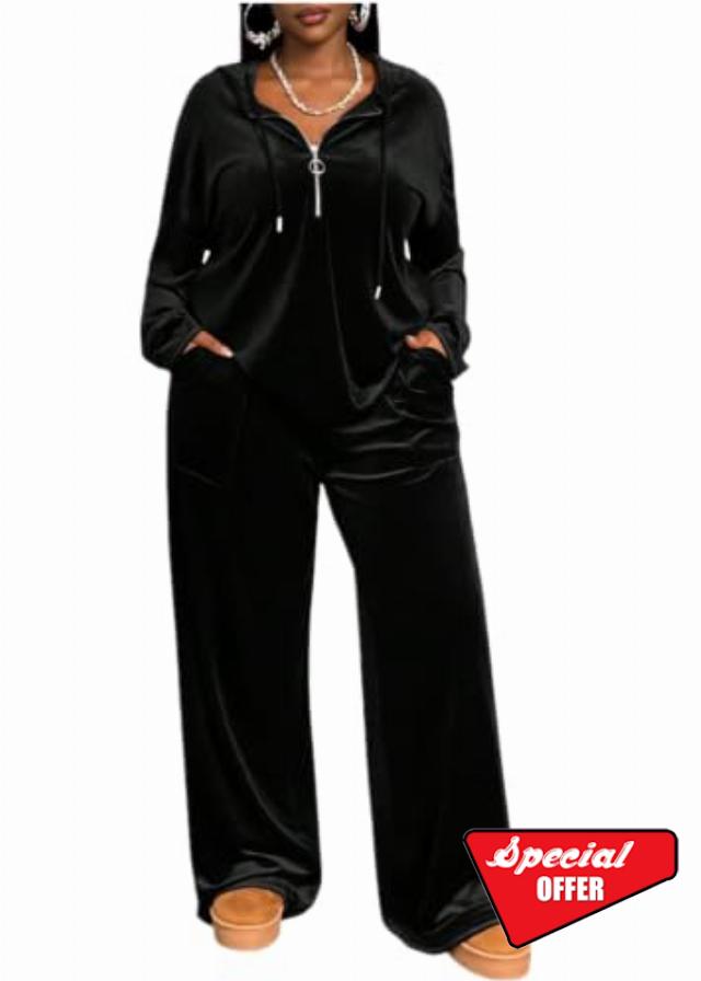 Womens Plus Size 2 Piece Velour Tracksuit Set Loungewear Half Zip Hoodie                                                          Solid Color Velvet Long Sleeve Half Zip Hoodie Sweatsuits Sweatpant Set with Pocke