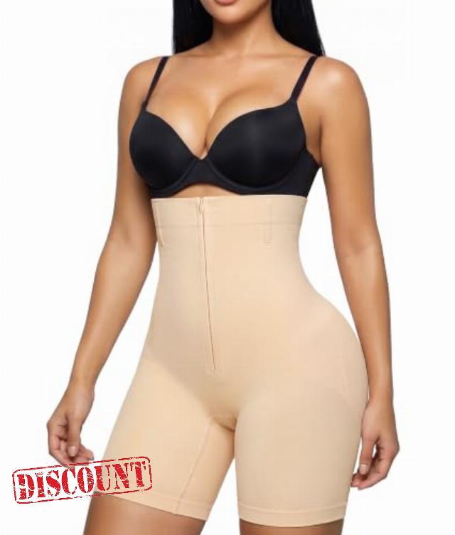 SHAPERX High Waisted Tummy Control Shapewear Shorts for Women Seamless Zip Up Body Shaper with Hooks & Flexible Boning