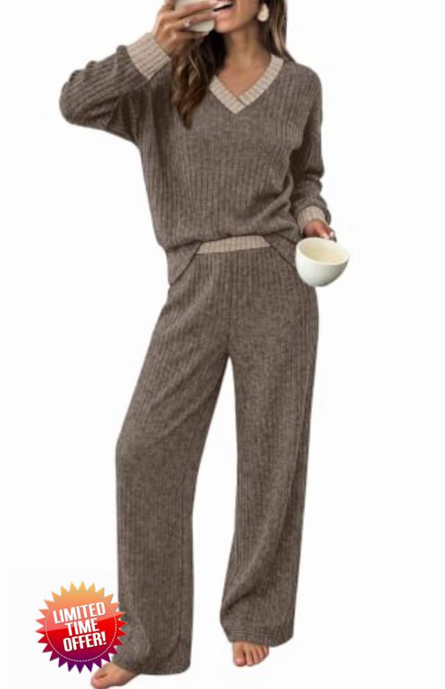2 Pieces Lounge Sets for Women Drop Shoulder Top Wide Leg Pant Matching Set                                                          Womens Loungewear Set