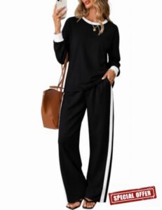 LOMON Women's Two Piece Sets Sweatsuit Matching Lounge Set Fall Outfits                                                          Crewneck Long Sleeve Shirts&Wide Leg Pants with Pockets