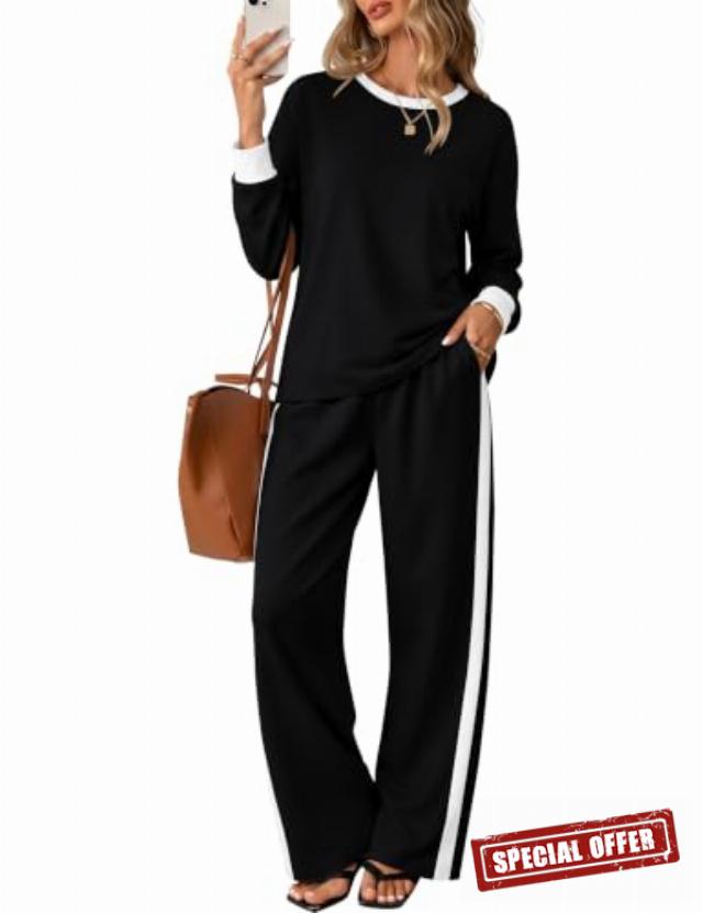LOMON Women's Two Piece Sets Sweatsuit Matching Lounge Set Fall Outfits                                                          Crewneck Long Sleeve Shirts&Wide Leg Pants with Pockets