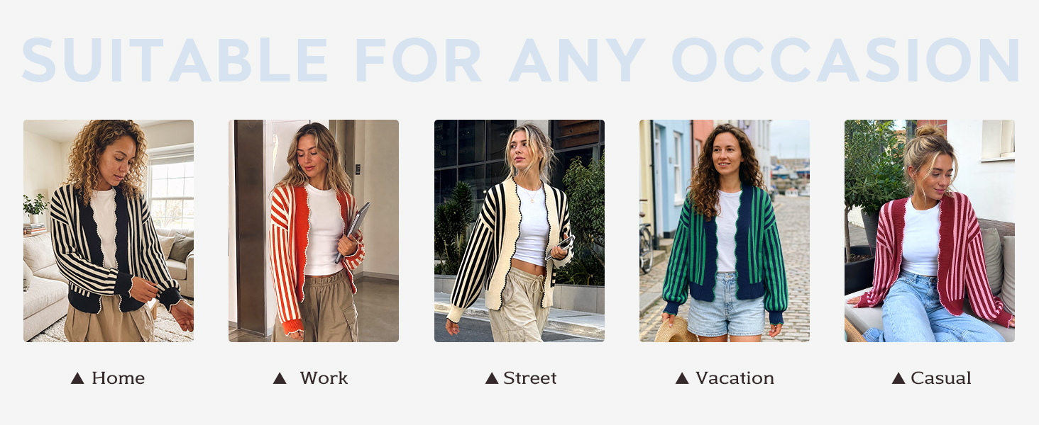 Cardigan styling examples for home, work, street, vacation, and casual wear.
