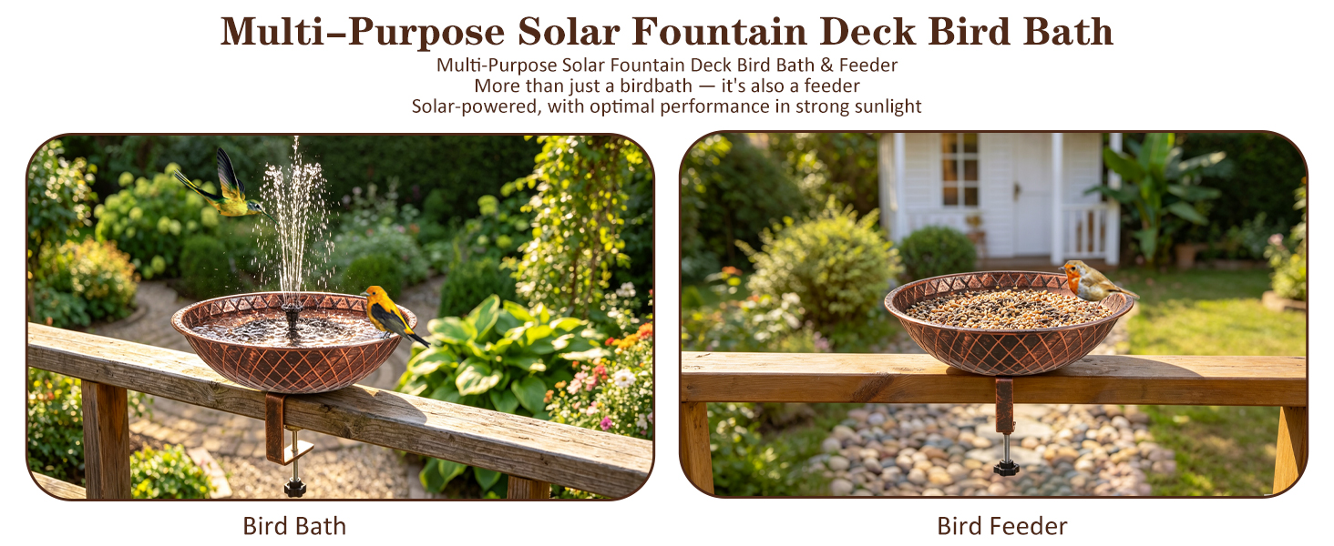 deck mounted bird bath with solar fountain