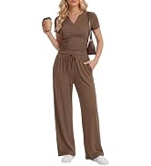 oncharm 2 Piece Matching Lounge Sets Women Summer Travel Set V Neck Top Wide Leg Pants Airport Tr...