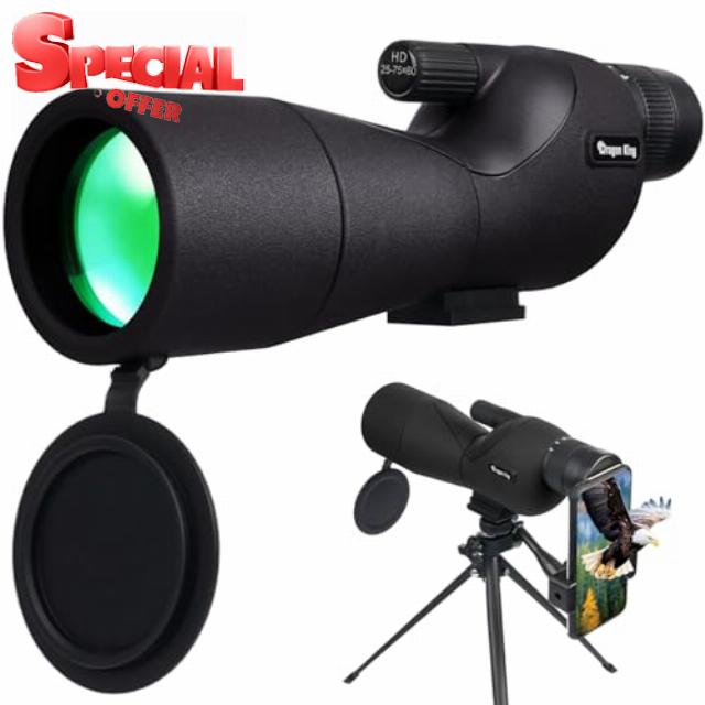 BIBIRE 25-75x60 HD Straight Spotting Scope with Tripod and Phone Adapter                                                          Long Range Spotter Scope with FMC & BAK4 Lens for Target Birdwatching Wildlife Viewing