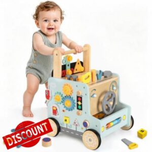Wooden Baby Push Walker with Tools Bench Toys for Toddler Boy Girl Gifts                                                          9-In-1 Montessori Activity Center Kid Walking Toy for Kids Learning to Walk with Wheels