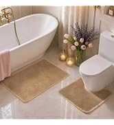 Absorbent Ivory Bathroom Rugs 17x24 and 20x20 U-Shaped Contour Toilet Rug | Non Slip Bath Mat Set...