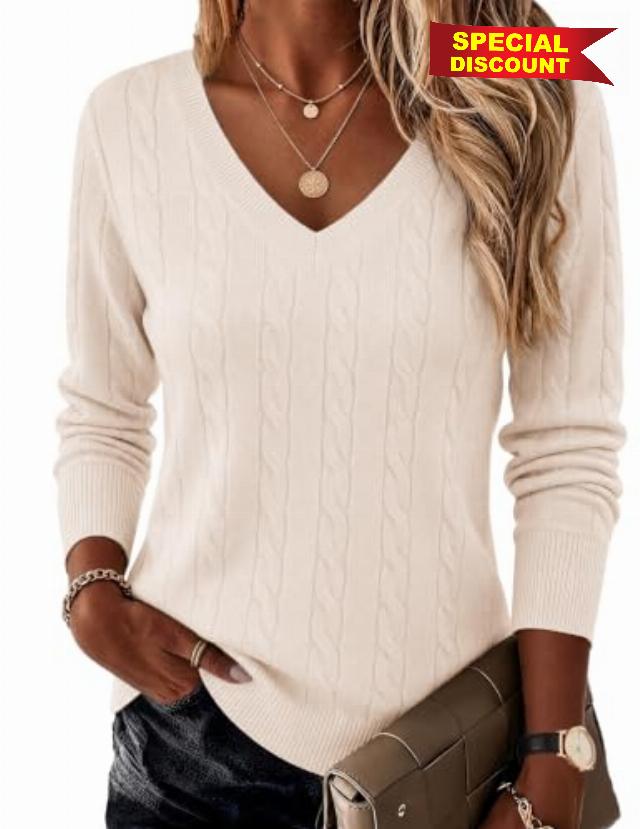 Ekouaer Womens Cable Knit V Neck Sweater Long Sleeve Fall Tops Clothes 2026 Lightweight Basic Pullover Tops