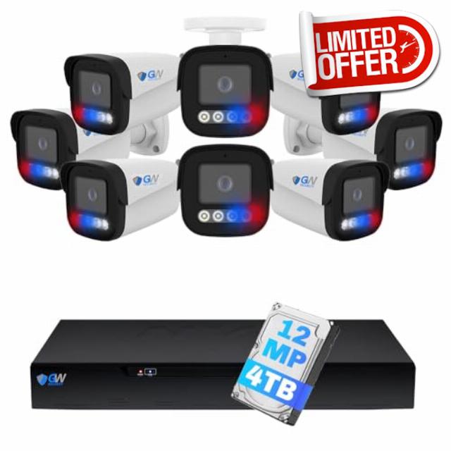 GW Security UltraHD 6K License Plate/Face Recognition 16 Channel Security Camera System with 8 x 12MP Waterproof Two-Way Audio Alarm Light Bullet Cameras
