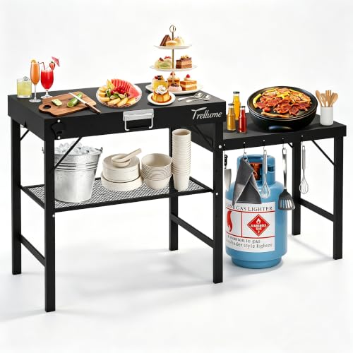 Outdoor Garden Patio BBQ Kitchen Food Prep Table Cart 61”L*20.5”W *31”H Foldable Pizza Oven Table Stand with Expansion Table for Blackstone Griddle