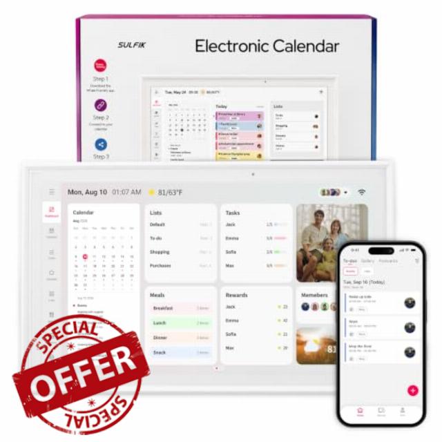 SULFIK 15.6" Digital Calendar — Smart Family Planner with Wi-Fi Sync