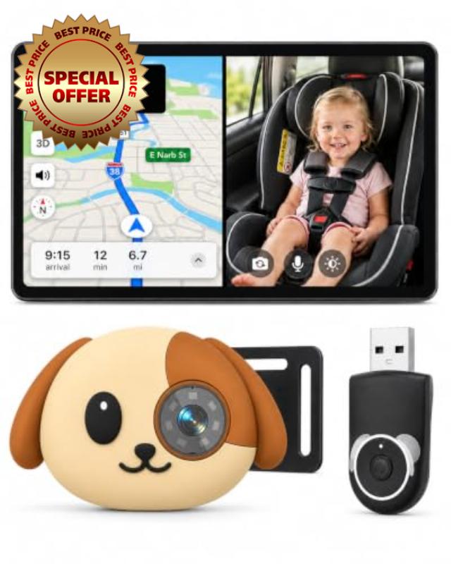 Cabin Care 1080P Baby Car Camera with Wireless CarPlay & Android Auto                                                          Baby view on screen，Split nav·150° wide，Invisible IR night vision，No extra monito