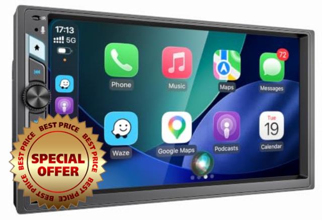 7 Inch Double Din Car Stereo with Wireless Apple CarPlay & Android Auto