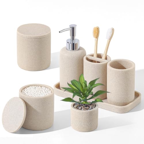 Sandstone Look Bath Storage for Home Decor Modern Resin Vanity Organizer with Hand Soap Dispenser