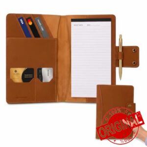 Personalized Leather Portfolio Organizer for Men Women Professional Padfolio A5 Binder Resume Document Holder Refillable Writing Journal Binder for Business Meetings Travel (Tan)