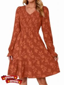 Simplee Womens Fall Long Sleeve V Neck Smocked Dress A Line Flowy Ruffle Mini Wedding Guest Dress with Pockets