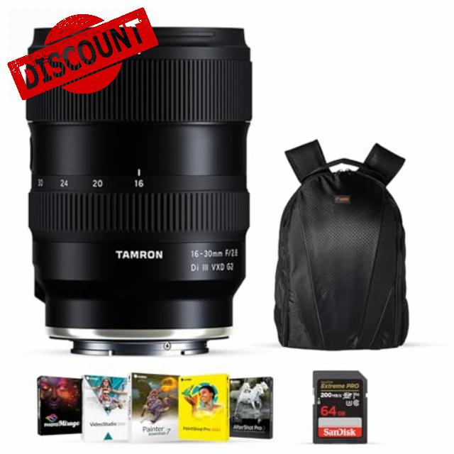 Tamron 16-30mm f/2.8 Di III VXD G2 Lens for Full Frame Sony E Mirrorless Camera & 7.5" Close Focus with Corel OEM Photo Video Art Suite Software Kit - 64GB SDXC Memory Card & Backpack - Bundle Ki