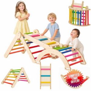 Pikler Triangle Set Montessori: Natural Wood 3 Piece Climbing Toys with Arch Reversible Ramp Indoor Jungle Gym for Toddlers 1-3 Years (Rainbow)