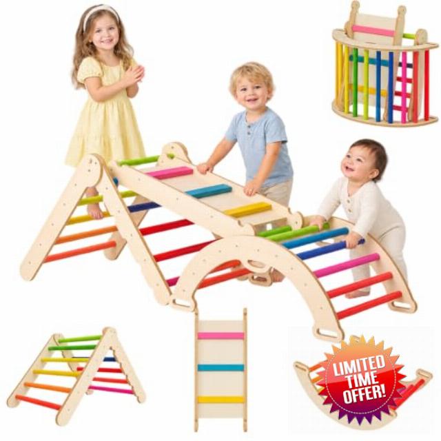 Pikler Triangle Set Montessori: Natural Wood 3 Piece Climbing Toys with Arch Reversible Ramp Indoor Jungle Gym for Toddlers 1-3 Years (Rainbow)