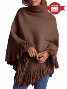 Saodimallsu Womens Fringe Turtleneck Poncho Sweater Wraps Cape Shawl Tops                                                          Knit
