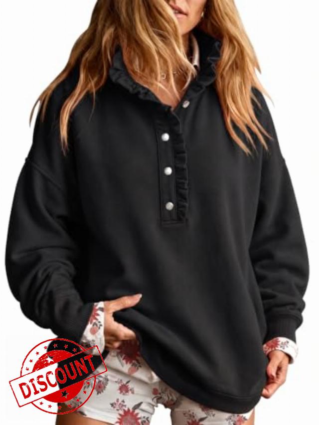Fisoew Womens Sweatshirt Mock Neck Henley Pullover Oversized Fall Outfits                                                          Fall Fashion Clothes 2026，Long Sleeve Tops，Ruffle Button Placket，Comfort Soft Fleece，Winter Trending，Casual Lounge Sweate