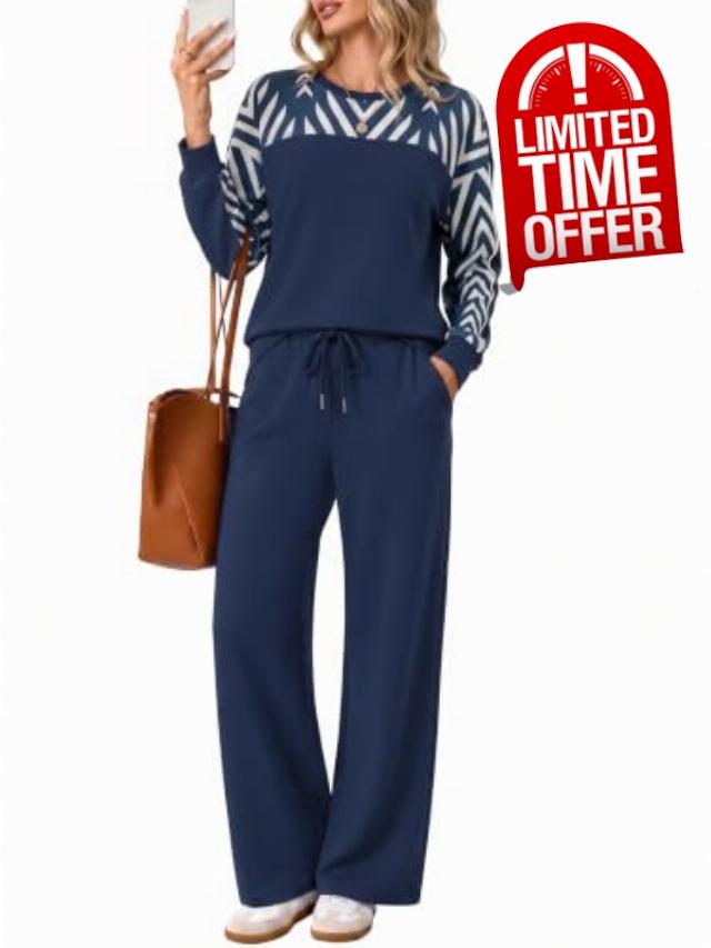 Casly Lamiit Women's 2 Piece Lounge Sets Casual Outfits Fashion Sweatsuits                                                          Color Block Long Sleeve Sweatshirt & Wide Leg Pants with Pockets