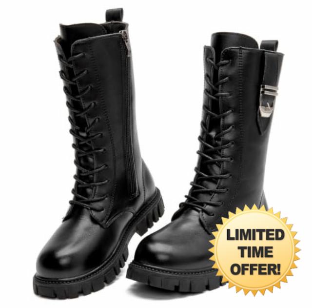 DADAWEN Boys Girls Knee High Boots Fashion Buckle Side Zipper Lace Up Mid Calf Combat Boots Tall Riding Boots for Toddler/Little Kid/Big Kid
