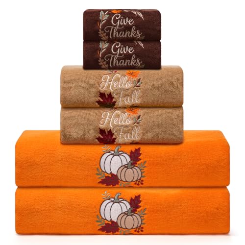 100% Cotton Orange Brown Pumpkin Maple Embroidered Decorative Bath Towel Set for Autumn Thanksgiving Home Kitchen Bathroom Decor Gif