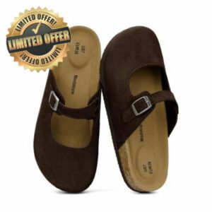 Modatope Women Mary Jane Clogs Faux Suede Cork Footbed Mule                                                          Closed Toe Flat with Adjustable Buckle Arch Support Memory Foam Deep Heel Cup Insole Potato Shoes for Casual Daily Outfits
