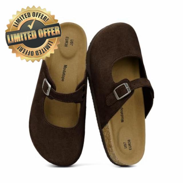 Modatope Women Mary Jane Clogs Faux Suede Cork Footbed Mule                                                          Closed Toe Flat with Adjustable Buckle Arch Support Memory Foam Deep Heel Cup Insole Potato Shoes for Casual Daily Outfits