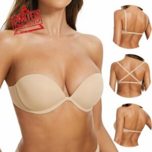Women's Strapless Bra Push Up-Non Slip Invisible Low Back Padded Plunge Bra                                                          Underwire Demi Low Cut Bra