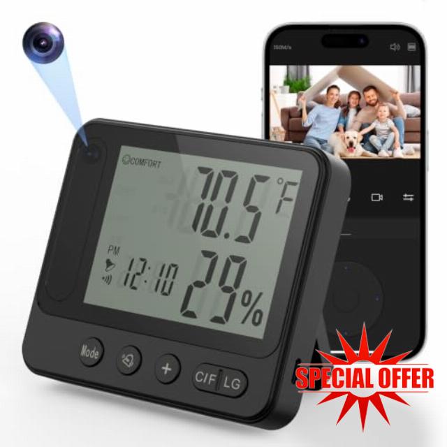 4K WiFi Hidden Camera Clock with Hygrometer & Thermometer                                                          Nanny camera clock displays temp & humidity while offering live viewing