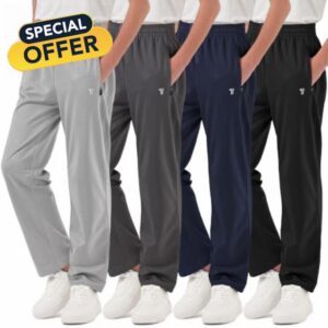 4 Pack Boys Athletic Pants with Zipper Pockets Tricot Sweat Pants                                                          Brushed-Back Interior