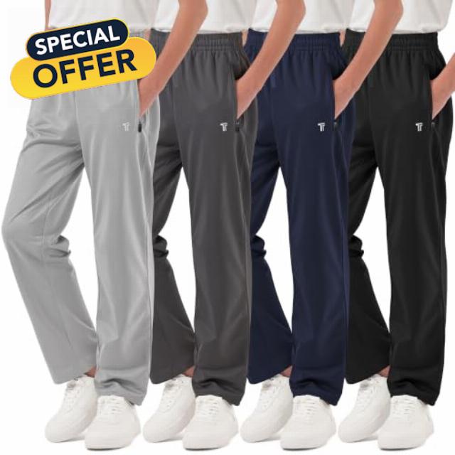 4 Pack Boys Athletic Pants with Zipper Pockets Tricot Sweat Pants                                                          Brushed-Back Interior