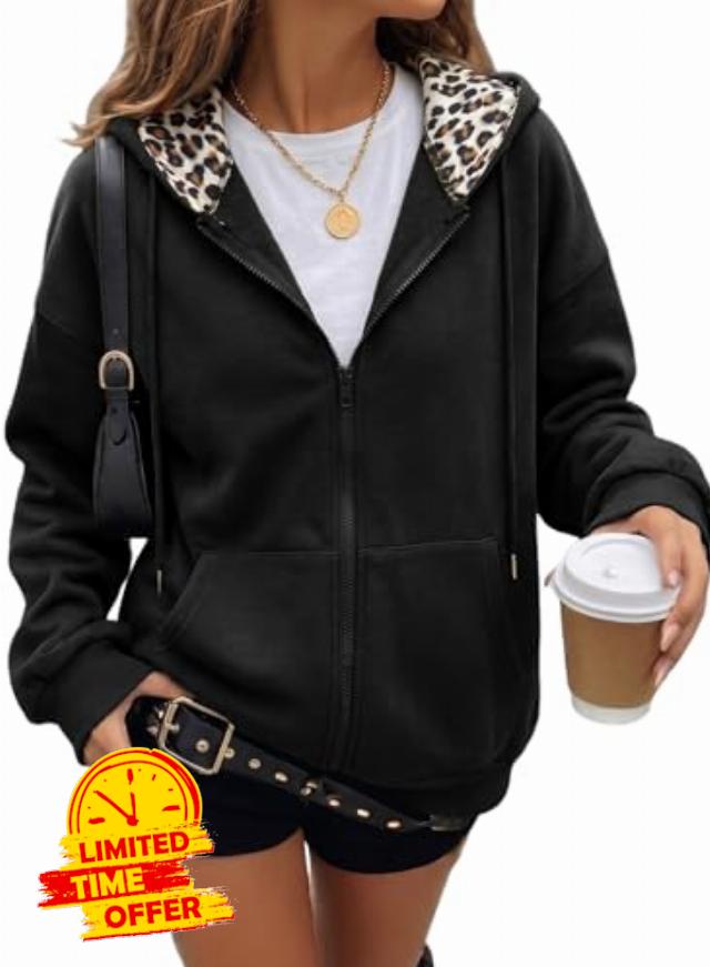 Dokotoo Women's Zip Up Hoodies Long Sleeve Leopard Hooded Sweatshirt Tops                                                          Leopard Fleece Sweatshirt