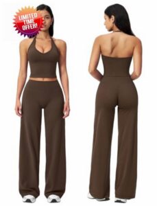 Workout Sets for Women Two Piece Gym Yoga Set Wide Leg Pilates Outfits                                                          Halter Tank Top Matching Straight Wide Leg Yoga Pants
