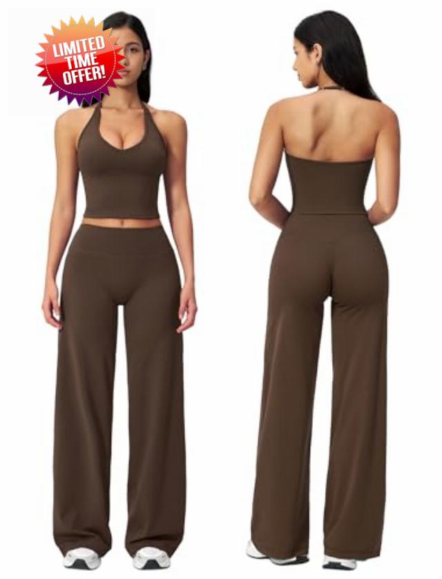 Workout Sets for Women Two Piece Gym Yoga Set Wide Leg Pilates Outfits                                                          Halter Tank Top Matching Straight Wide Leg Yoga Pants