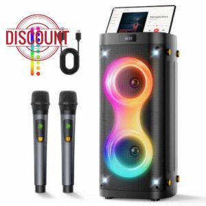 Bluetooth Party Speaker with 2 Rechargeable Wireless Microphones                                                          Portable PA System with Lights