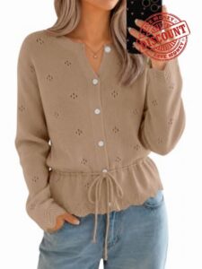 Saodimallsu Womens Crochet Cardigan Long Sleeve Button Down Drawstring Bow Tie Front Scalloped Knit Sweater Tops