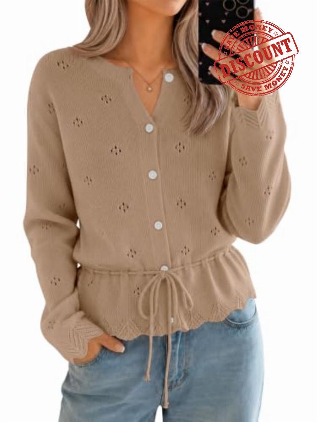 Saodimallsu Womens Crochet Cardigan Long Sleeve Button Down Drawstring Bow Tie Front Scalloped Knit Sweater Tops