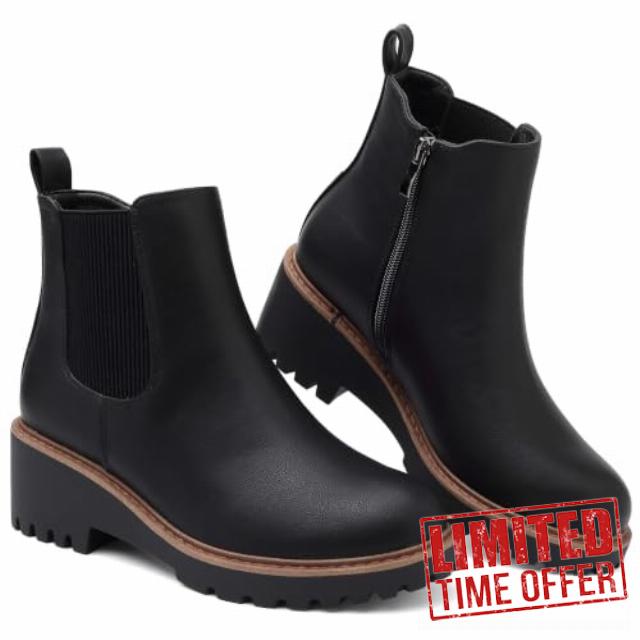 Women's Chelsea Wedge Boots Side Zip Lug Sole Round Toe Fall Ankle Boots                                                          Side zipper closure