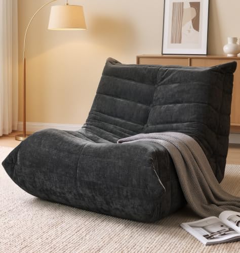 Grey Chenille Floor Couch for Bedroom One-piece memory foam bean bag couch with a wide backrest