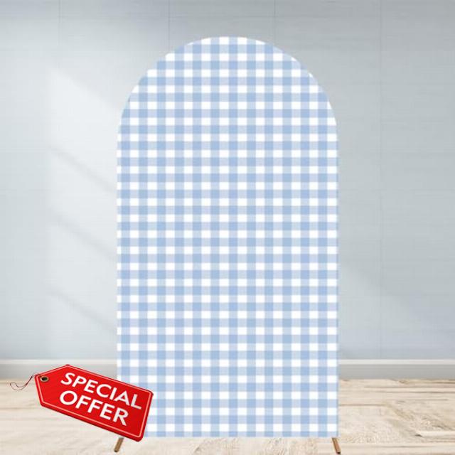 Checkered Gingham Arch Backdrop Cover 7.2ft Blue and White Plaid                                                          Classic Pattern Girl Bridal Shower Birthday Party Stretchy Arched Photo Booth Decorations 7f
