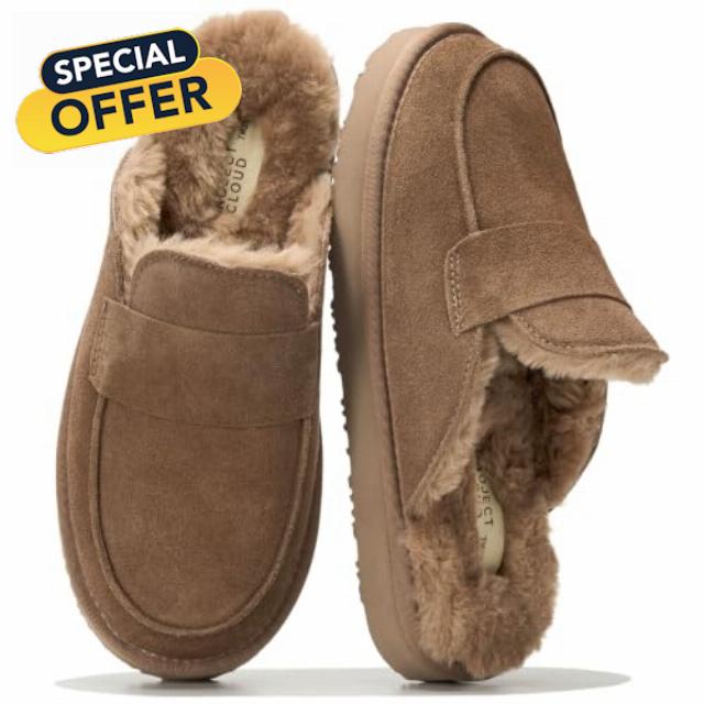 Project Cloud 100% Genuine Leather Brunch Slippers for Women - Fuzzy Clogs                                                          Fluffly Slippers for Women Indoor & Outdoor w/ Cozy Fur Lining & Memory Foam - Mules for Women Comfortable Womens Slippers